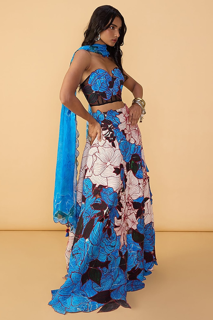 Blue & White Crepe Floral & Applique Embroidered Wedding Lehenga Set by Saaksha & Kinni at Pernia's Pop Up Shop