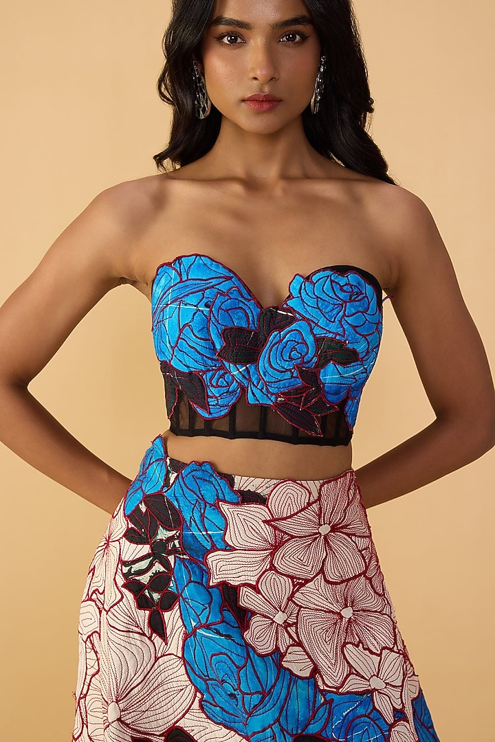 Blue & White Crepe Floral & Applique Embroidered Wedding Lehenga Set by Saaksha & Kinni at Pernia's Pop Up Shop