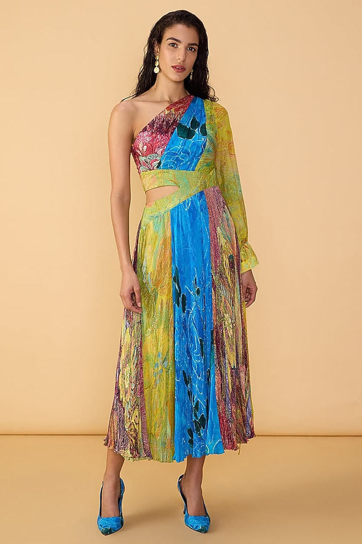 Multi-Colored Chiffon Abstract Printed One-Shoulder Cocktail Dress by Saaksha & Kinni at Pernia's Pop Up Shop