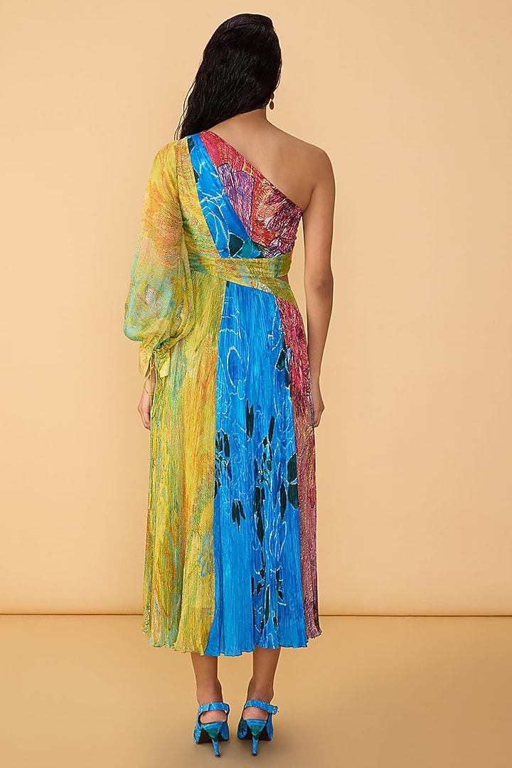 Multi-Colored Chiffon Abstract Printed One-Shoulder Cocktail Dress by Saaksha & Kinni at Pernia's Pop Up Shop