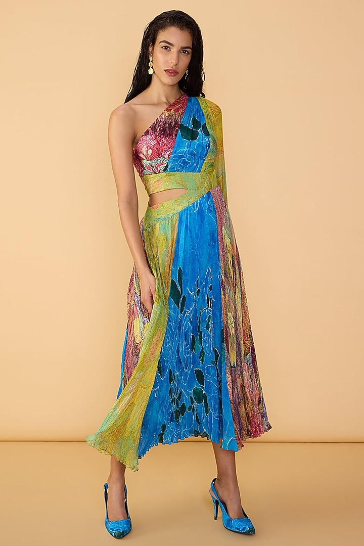 Multi-Colored Chiffon Abstract Printed One-Shoulder Cocktail Dress by Saaksha & Kinni at Pernia's Pop Up Shop