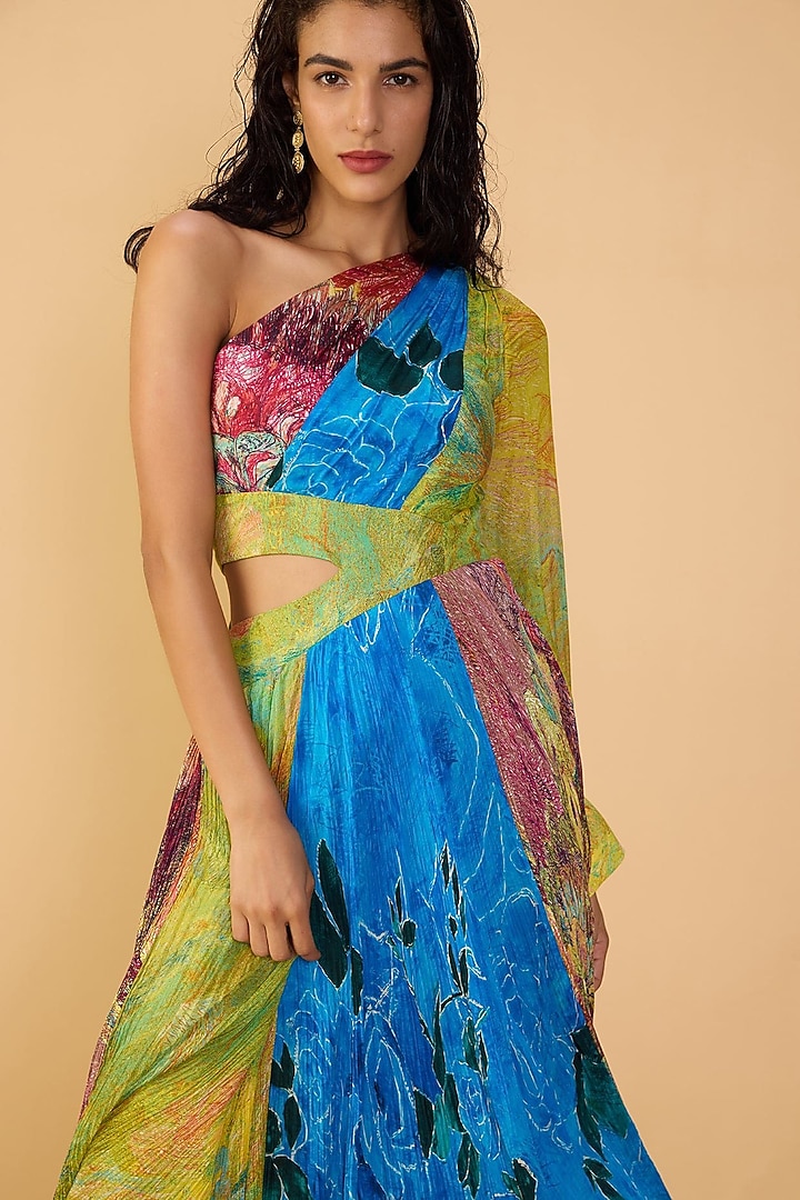 Multi-Colored Chiffon Abstract Printed One-Shoulder Cocktail Dress by Saaksha & Kinni at Pernia's Pop Up Shop