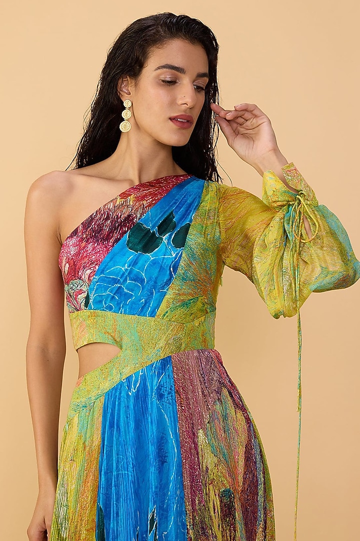 Multi-Colored Chiffon Abstract Printed One-Shoulder Cocktail Dress by Saaksha & Kinni at Pernia's Pop Up Shop