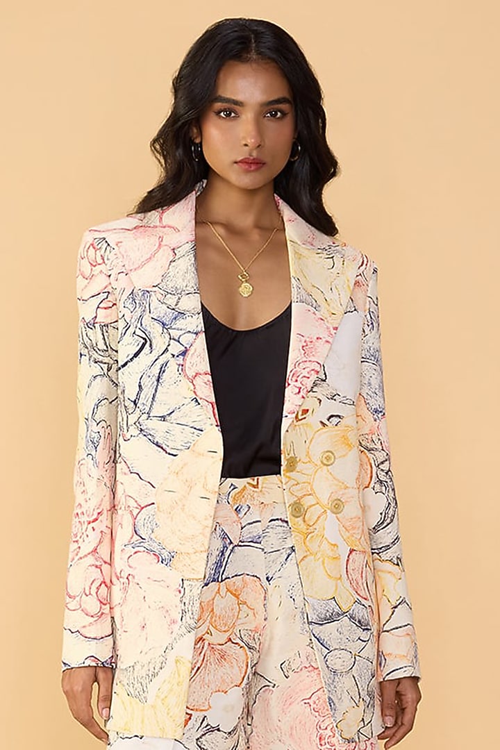 Multi-Colored Crepe Abstract Floral Printed Oversized Blazer Set by Saaksha & Kinni at Pernia's Pop Up Shop