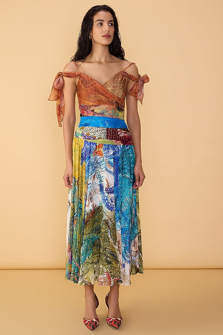 Multi-Colored Chiffon Abstract Printed Cold-Shoulder Maxi Cocktail Dress by Saaksha & Kinni at Pernia's Pop Up Shop