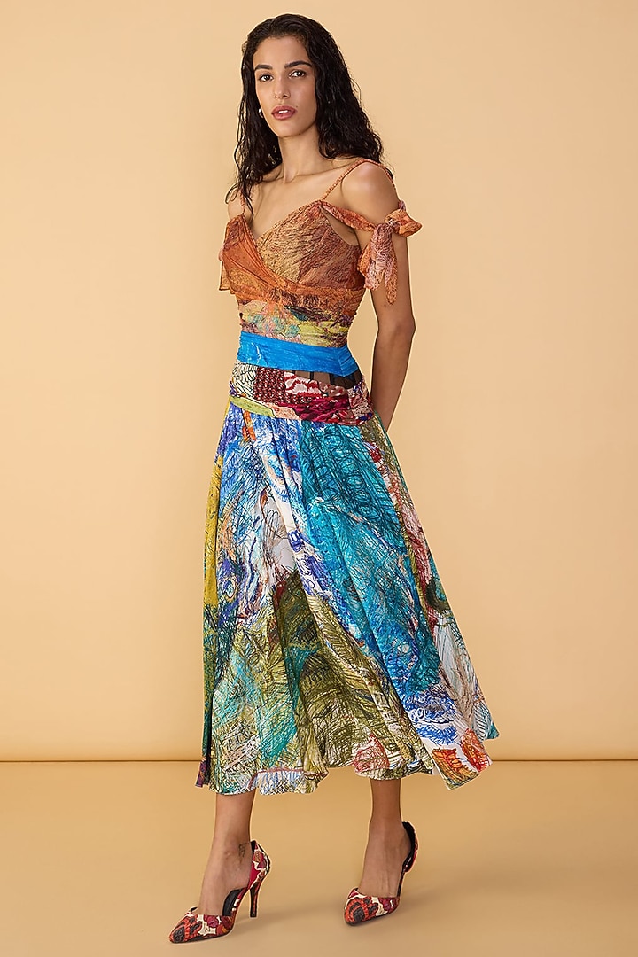 Multi-Colored Chiffon Abstract Printed Cold-Shoulder Maxi Cocktail Dress by Saaksha & Kinni at Pernia's Pop Up Shop