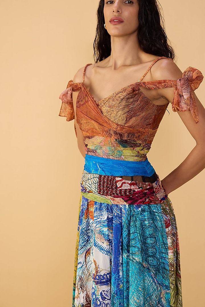Multi-Colored Chiffon Abstract Printed Cold-Shoulder Maxi Cocktail Dress by Saaksha & Kinni at Pernia's Pop Up Shop