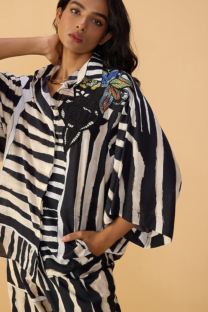 Black & White Cambric Abstract Stripe Printed Co-Ord Set by Saaksha & Kinni at Pernia's Pop Up Shop