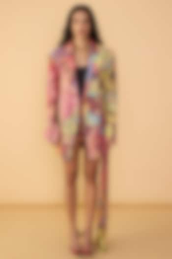 Multi-Colored Crepe Silk Abstract Floral Printed Blazer Set by Saaksha & Kinni at Pernia's Pop Up Shop