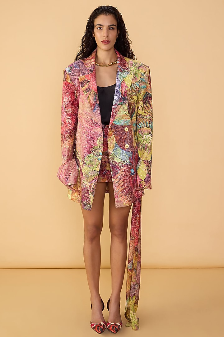 Multi-Colored Crepe Silk Abstract Floral Printed Blazer Set by Saaksha & Kinni at Pernia's Pop Up Shop