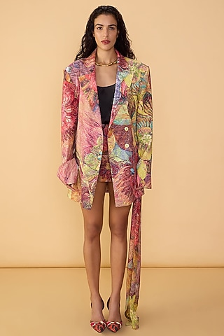 Multi-Colored Crepe Silk Abstract Floral Printed Blazer Set by Saaksha & Kinni