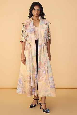 Multi-Colored Drill Abstract Floral Printed Trench Coat Set by Saaksha & Kinni