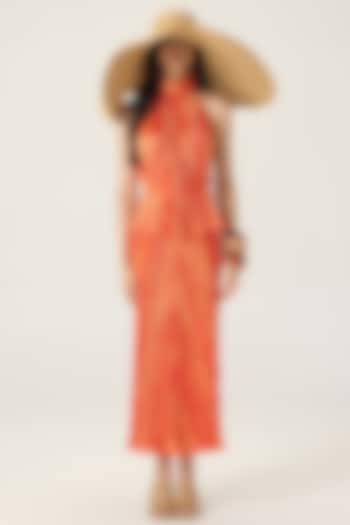 Orange Chiffon Leheriya Printed Maxi Vacation Dress by Saaksha & Kinni at Pernia's Pop Up Shop