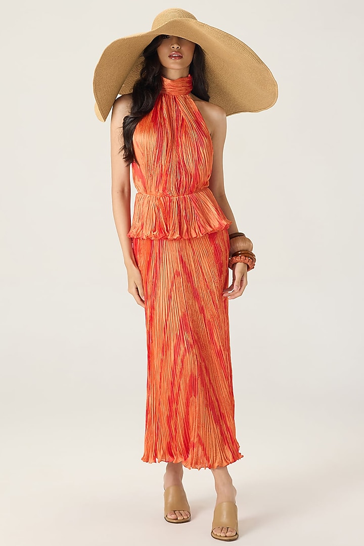 Orange Chiffon Leheriya Printed Maxi Vacation Dress by Saaksha & Kinni at Pernia's Pop Up Shop