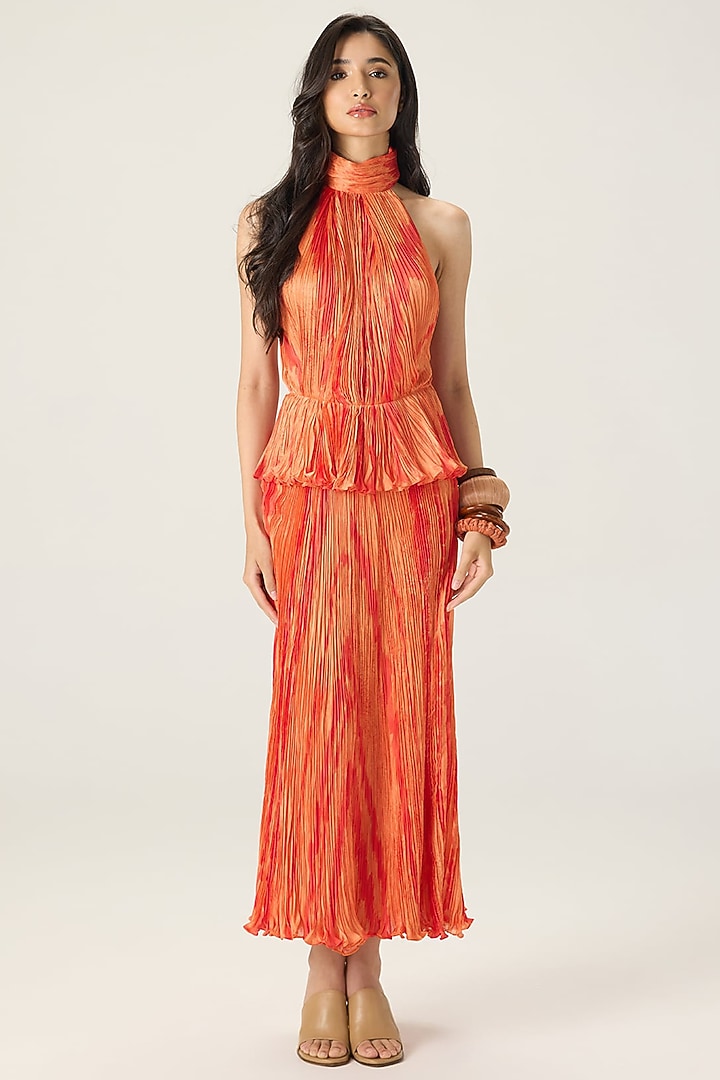 Orange Chiffon Leheriya Printed Maxi Vacation Dress by Saaksha & Kinni at Pernia's Pop Up Shop