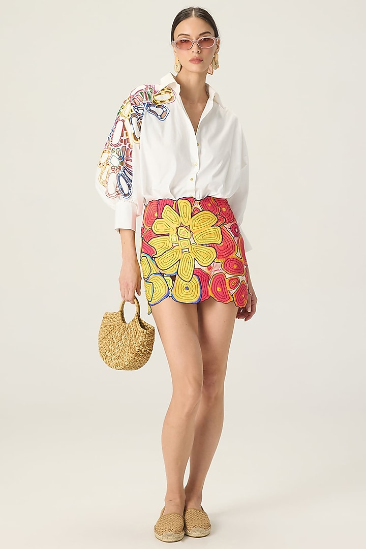Multi-Colored Cotton Cambric Applique Embroidered Mini Skirt Set by Saaksha & Kinni at Pernia's Pop Up Shop