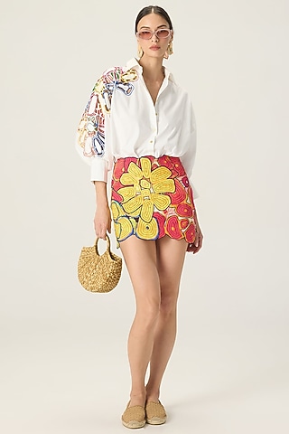 Multi-Colored Cotton Cambric Applique Embroidered Mini Skirt Set by Saaksha & Kinni