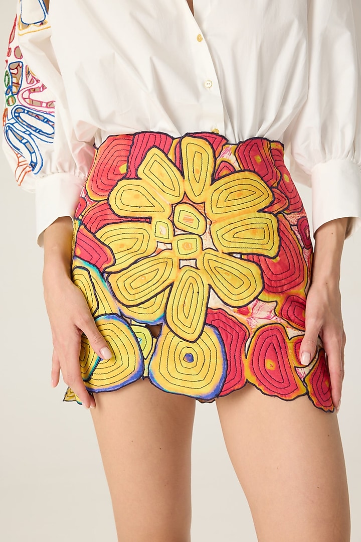 Multi-Colored Cotton Cambric Applique Embroidered Mini Skirt Set by Saaksha & Kinni at Pernia's Pop Up Shop