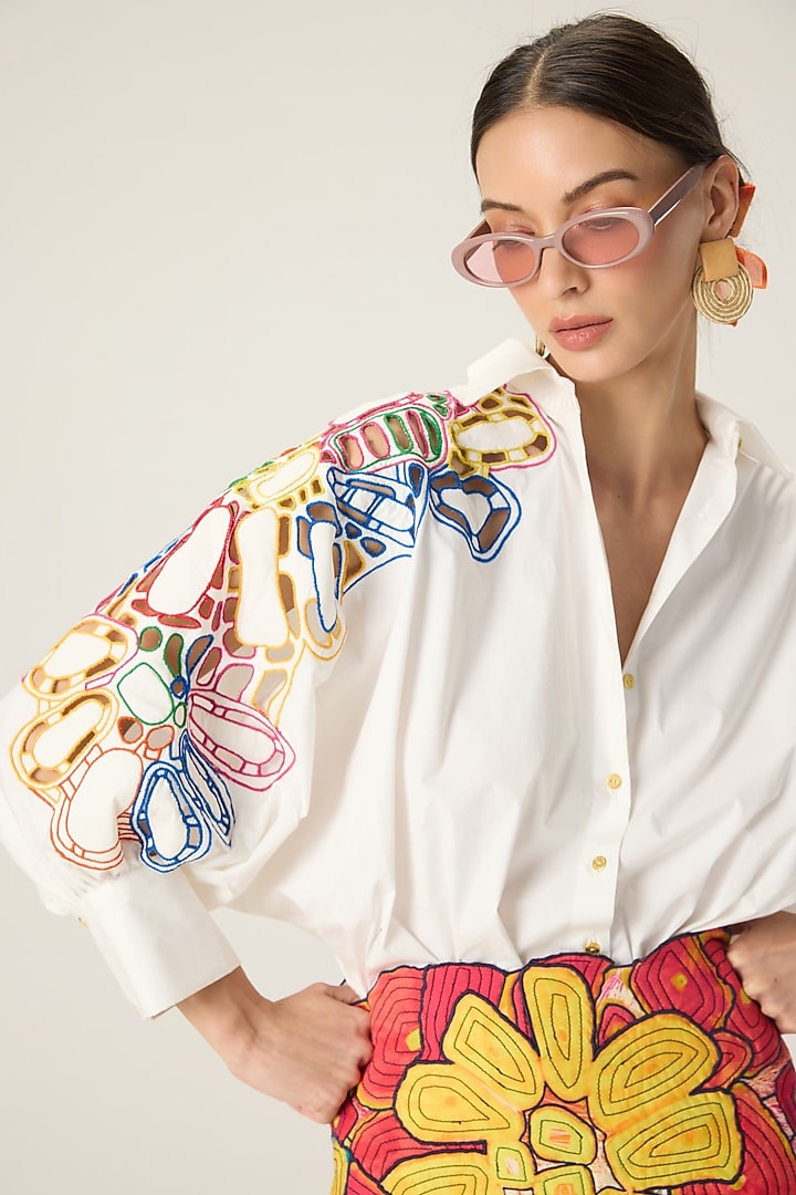 Multi-Colored Cotton Cambric Applique Embroidered Mini Skirt Set by Saaksha & Kinni at Pernia's Pop Up Shop