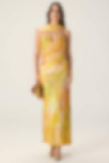 Yellow Chiffon Floral Printed Pleated Maxi Cocktail Dress by Saaksha & Kinni at Pernia's Pop Up Shop