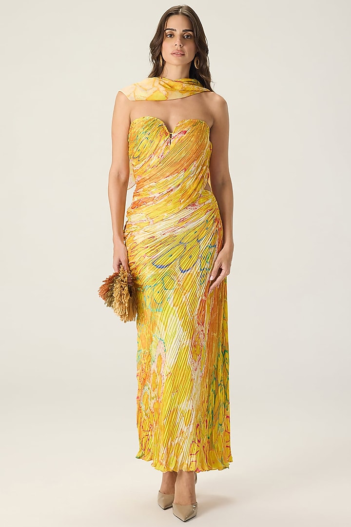 Yellow Chiffon Floral Printed Pleated Maxi Cocktail Dress by Saaksha & Kinni at Pernia's Pop Up Shop