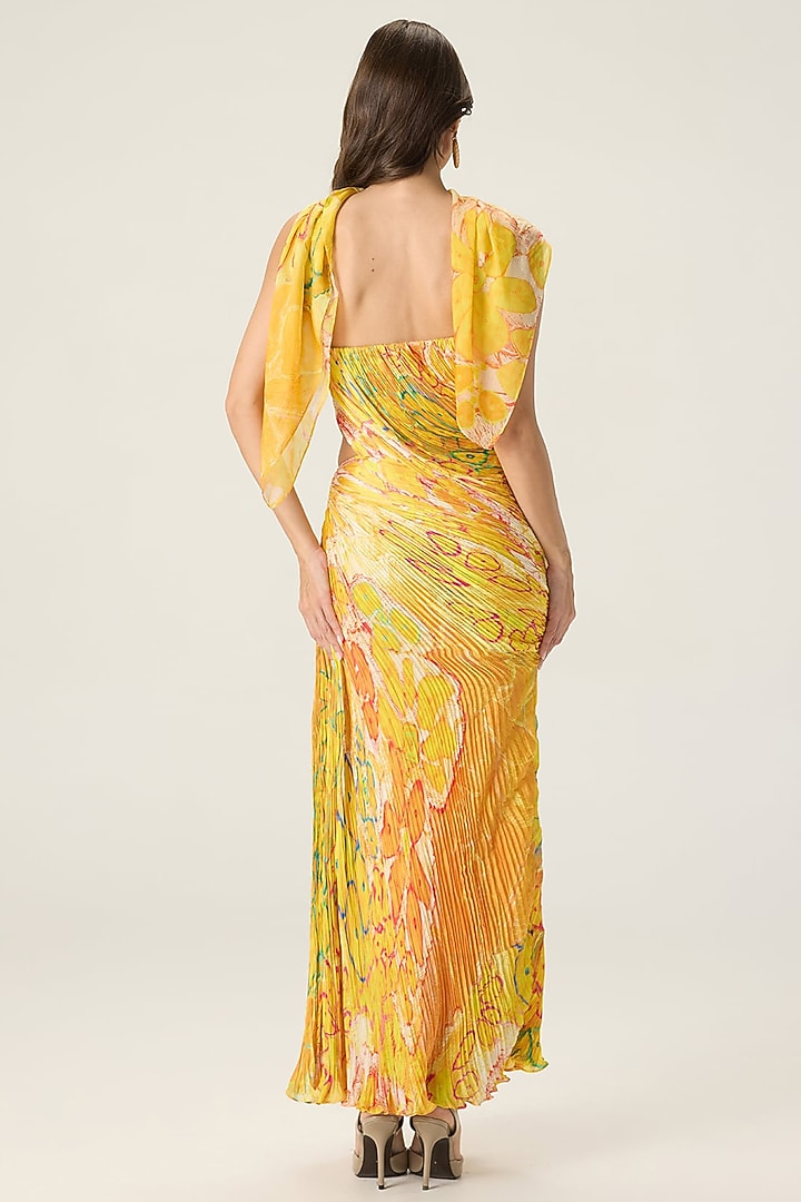 Yellow Chiffon Floral Printed Pleated Maxi Cocktail Dress by Saaksha & Kinni at Pernia's Pop Up Shop