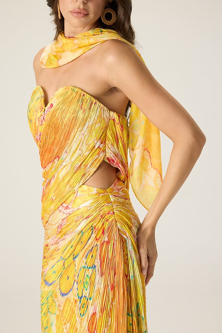Yellow Chiffon Floral Printed Pleated Maxi Cocktail Dress by Saaksha & Kinni at Pernia's Pop Up Shop