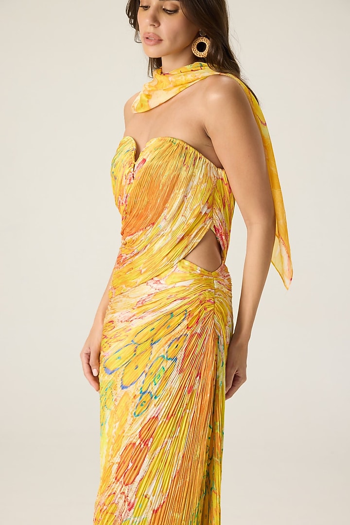 Yellow Chiffon Floral Printed Pleated Maxi Cocktail Dress by Saaksha & Kinni at Pernia's Pop Up Shop