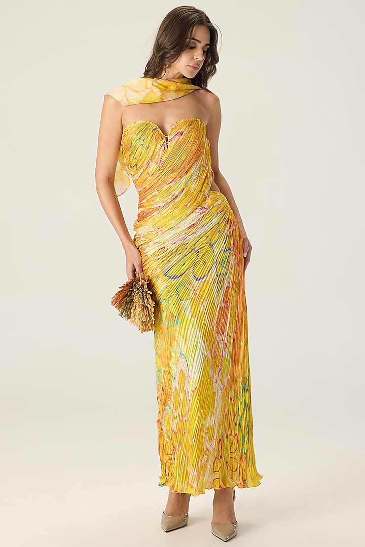 Yellow Chiffon Floral Printed Pleated Maxi Cocktail Dress by Saaksha & Kinni at Pernia's Pop Up Shop