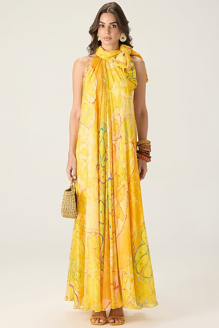 Yellow Chiffon Floral Printed Maxi Vacation Dress by Saaksha & Kinni at Pernia's Pop Up Shop