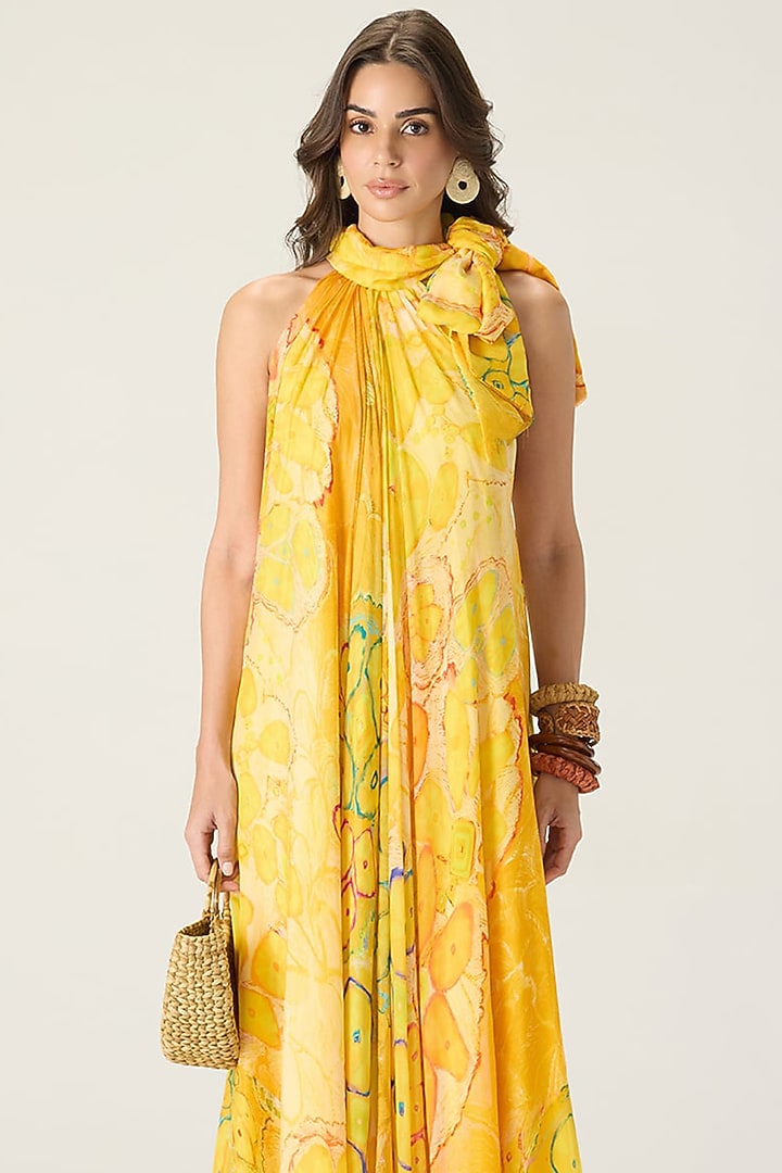 Yellow Chiffon Floral Printed Maxi Vacation Dress by Saaksha & Kinni at Pernia's Pop Up Shop
