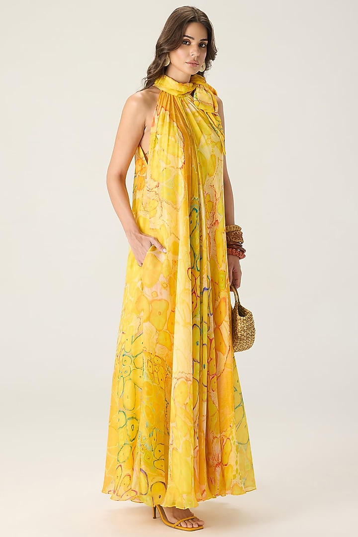 Yellow Chiffon Floral Printed Maxi Vacation Dress by Saaksha & Kinni at Pernia's Pop Up Shop