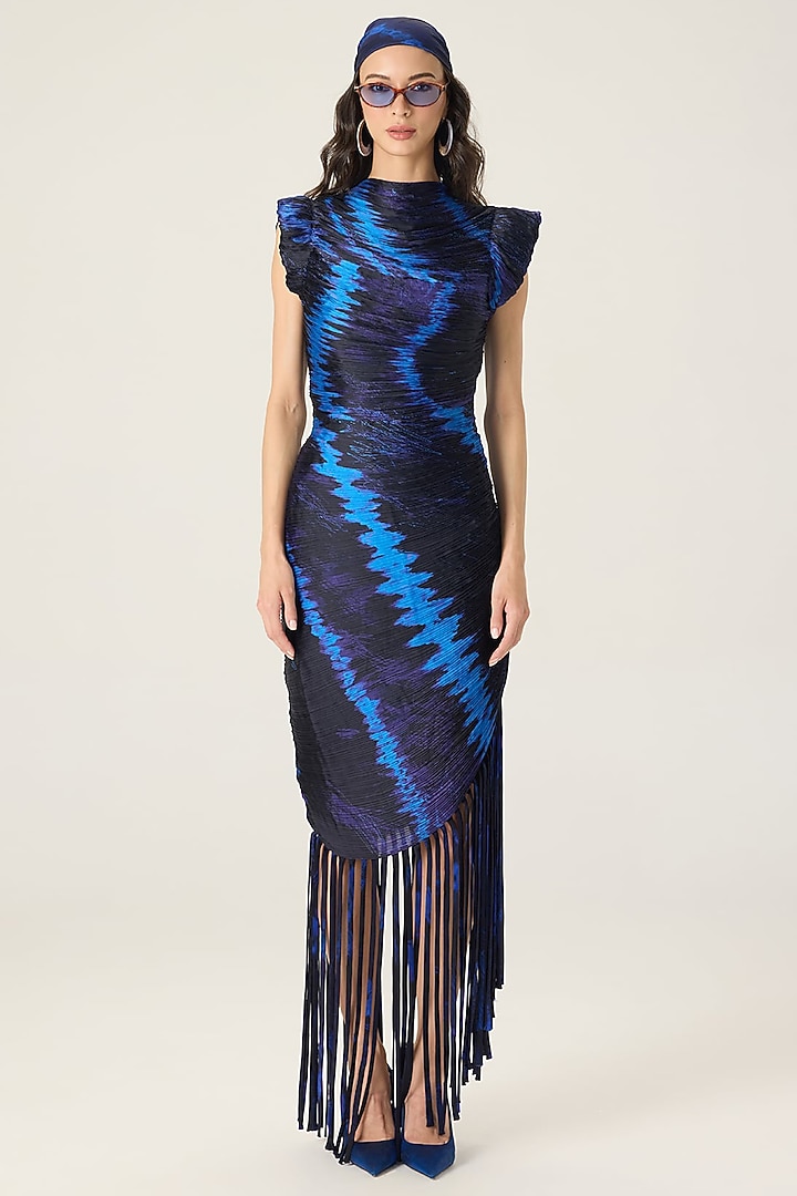 Blue Chiffon Leheriya Printed Asymmetric Midi Cocktail Dress by Saaksha & Kinni at Pernia's Pop Up Shop