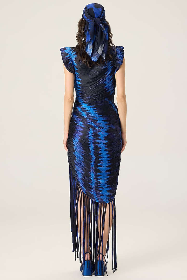 Blue Chiffon Leheriya Printed Asymmetric Midi Cocktail Dress by Saaksha & Kinni at Pernia's Pop Up Shop