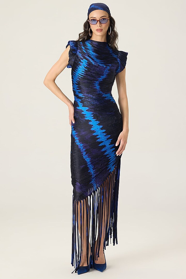 Blue Chiffon Leheriya Printed Asymmetric Midi Cocktail Dress by Saaksha & Kinni at Pernia's Pop Up Shop