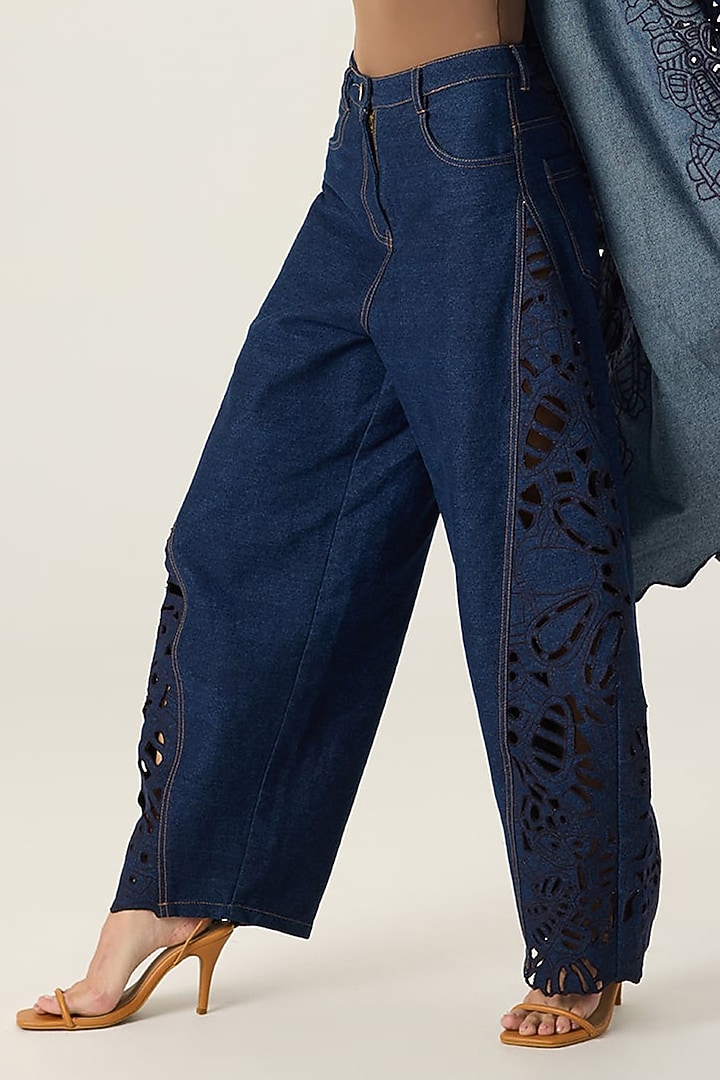 Blue Denim Hand Embroidered Co-Ord Set by Saaksha & Kinni at Pernia's Pop Up Shop