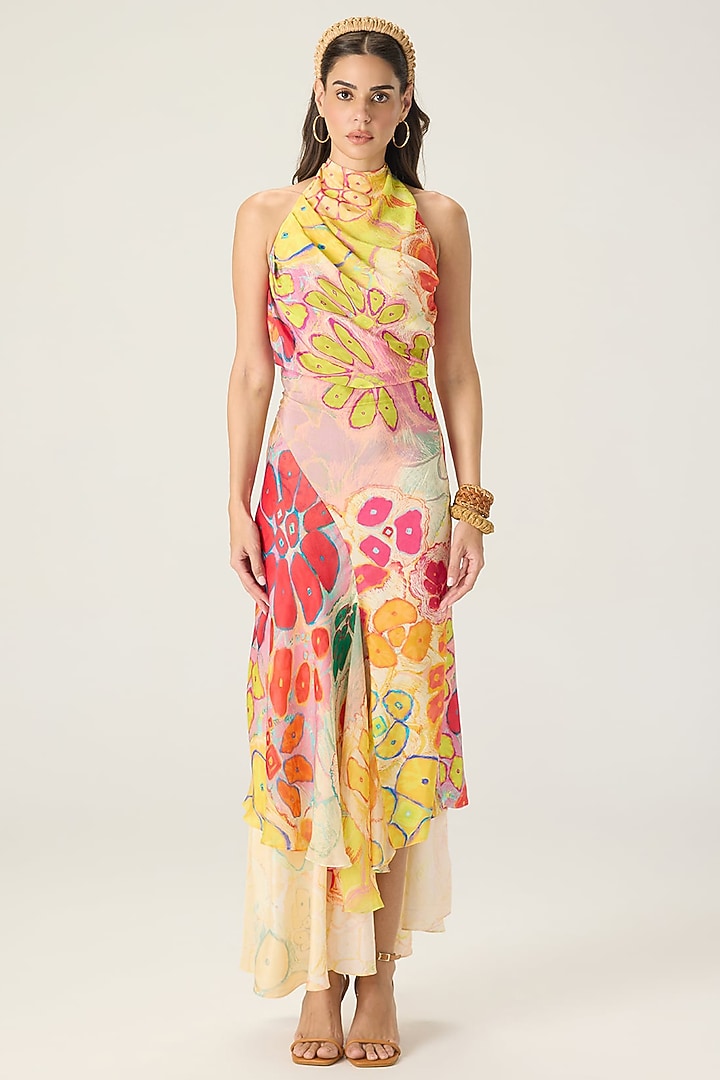 Multi-Colored Chiffon Floral Printed Asymmetric Maxi Vacation Dress by Saaksha & Kinni at Pernia's Pop Up Shop