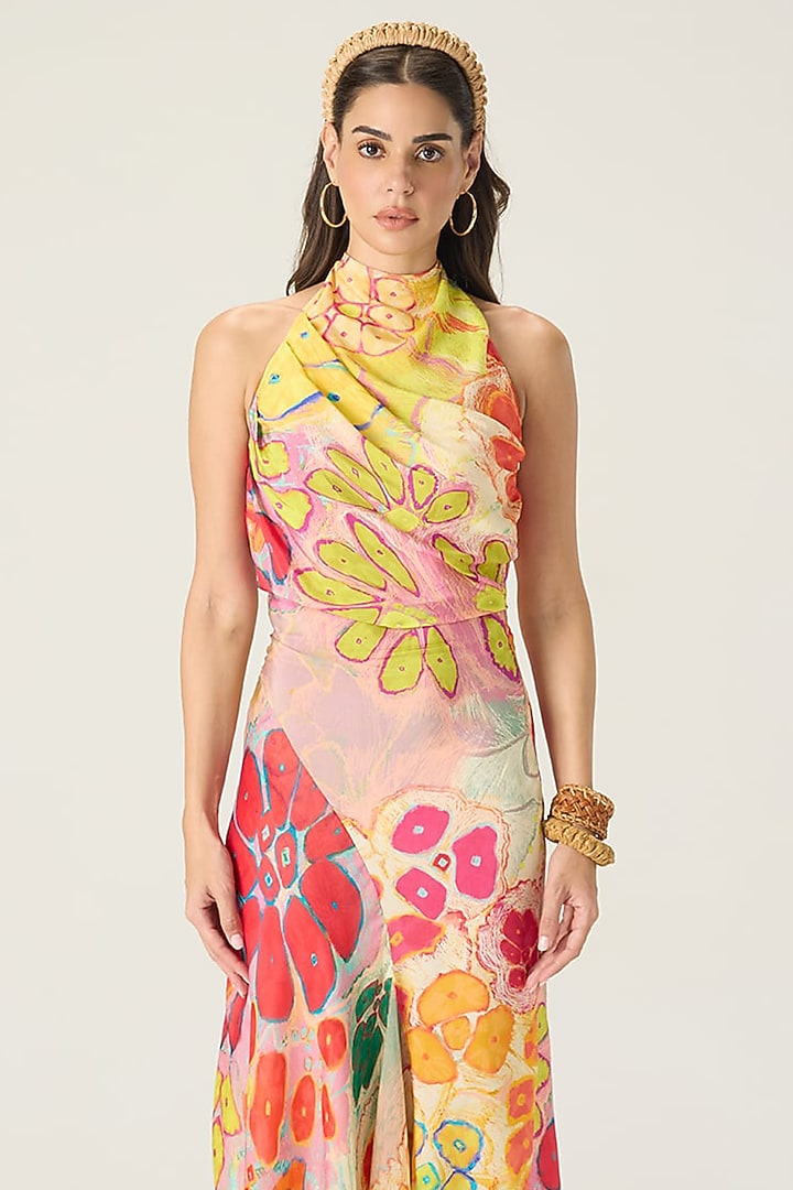 Multi-Colored Chiffon Floral Printed Asymmetric Maxi Vacation Dress by Saaksha & Kinni at Pernia's Pop Up Shop