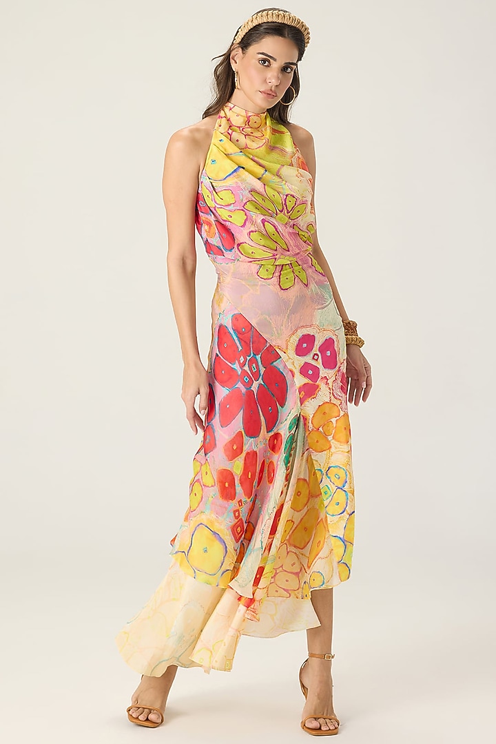 Multi-Colored Chiffon Floral Printed Asymmetric Maxi Vacation Dress by Saaksha & Kinni at Pernia's Pop Up Shop