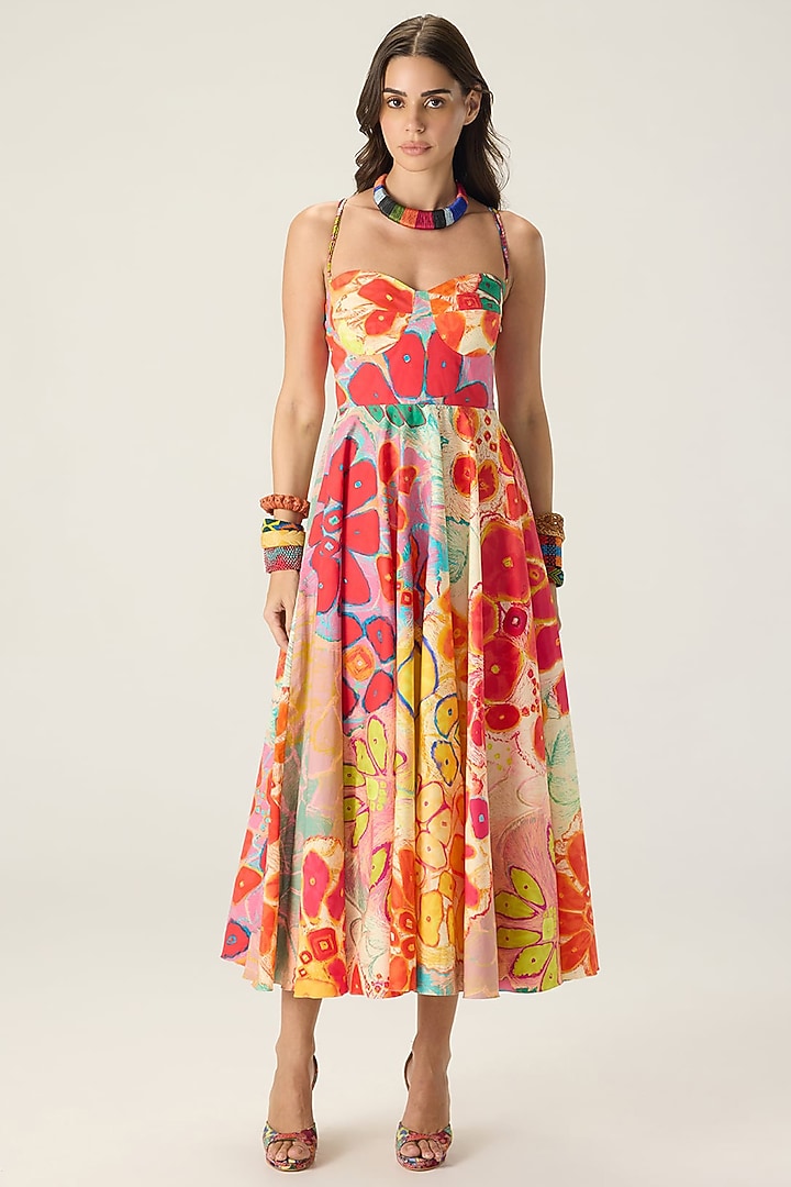 Multi-Colored Stretch Cotton Floral Printed Flared Midi Vacation Dress by Saaksha & Kinni at Pernia's Pop Up Shop