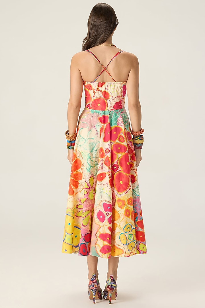 Multi-Colored Stretch Cotton Floral Printed Flared Midi Vacation Dress by Saaksha & Kinni at Pernia's Pop Up Shop