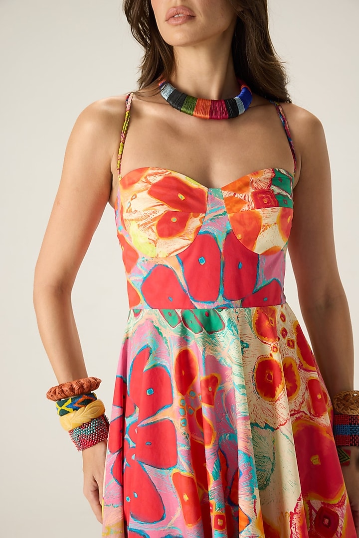 Multi-Colored Stretch Cotton Floral Printed Flared Midi Vacation Dress by Saaksha & Kinni at Pernia's Pop Up Shop