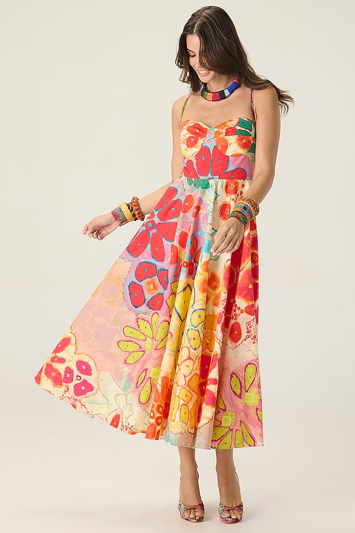 Multi-Colored Stretch Cotton Floral Printed Flared Midi Vacation Dress by Saaksha & Kinni at Pernia's Pop Up Shop