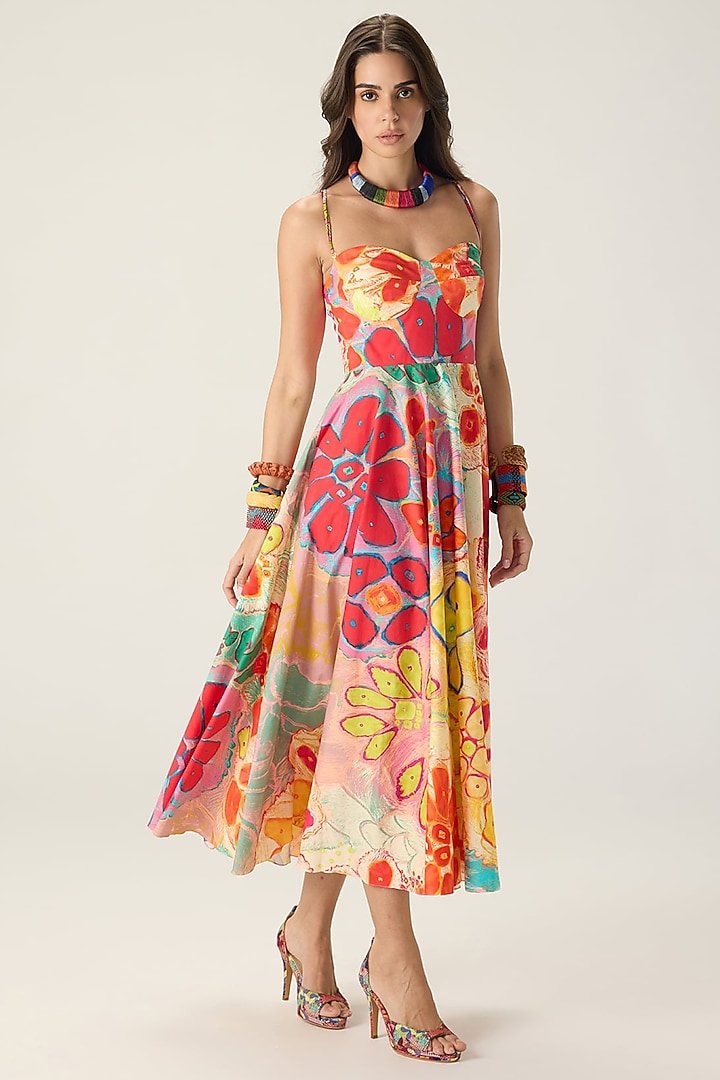 Multi-Colored Stretch Cotton Floral Printed Flared Midi Vacation Dress by Saaksha & Kinni at Pernia's Pop Up Shop