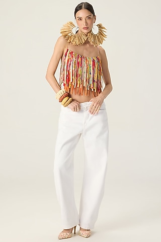 Multi-Colored Stretch Cotton Cropped Strappy Blouse by Saaksha & Kinni
