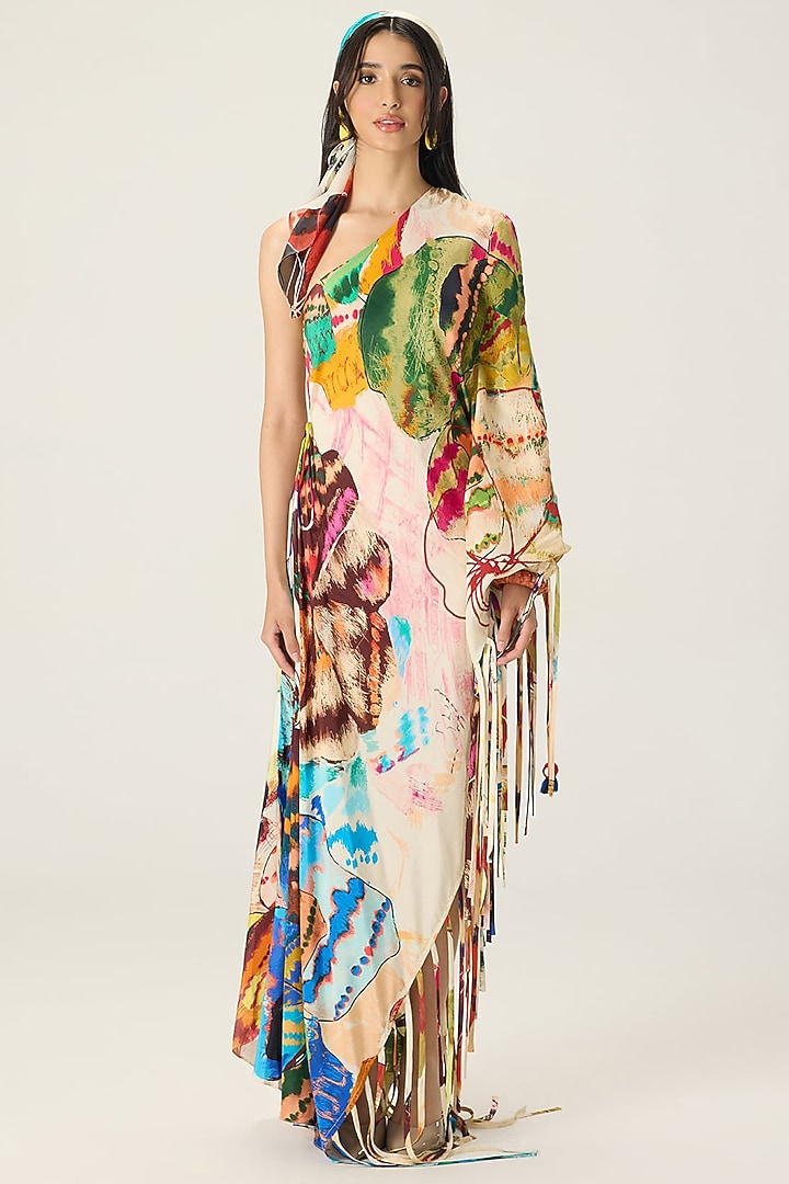 Multi-Colored Habutai Floral Printed One-Shoulder Kaftan by Saaksha & Kinni at Pernia's Pop Up Shop