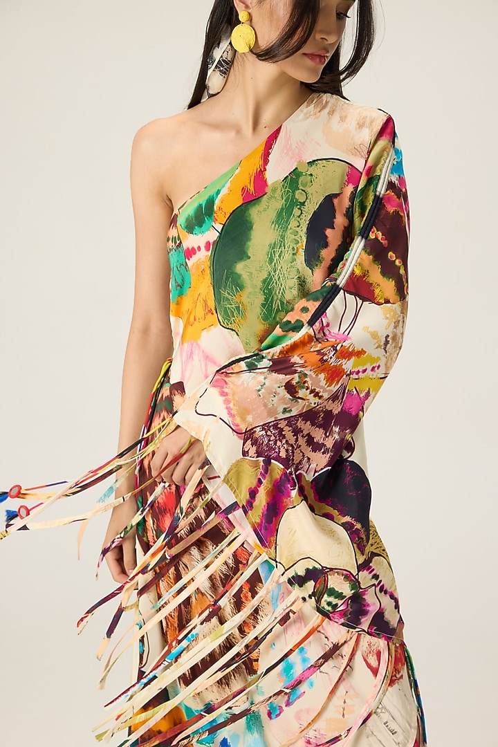 Multi-Colored Habutai Floral Printed One-Shoulder Kaftan by Saaksha & Kinni at Pernia's Pop Up Shop