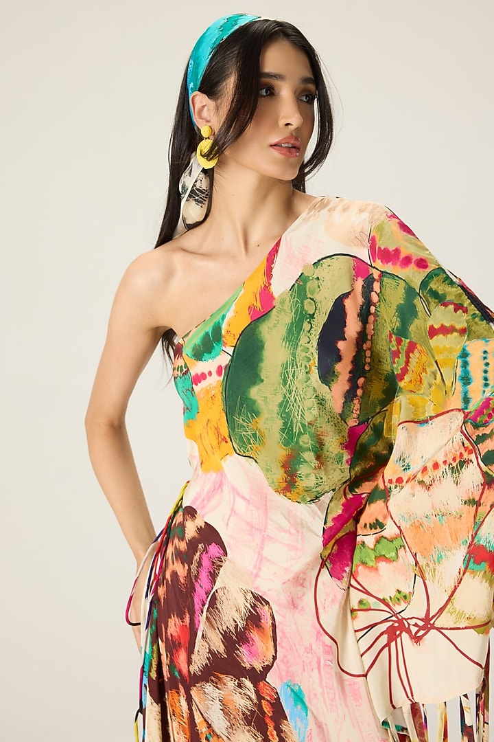 Multi-Colored Habutai Floral Printed One-Shoulder Kaftan by Saaksha & Kinni at Pernia's Pop Up Shop