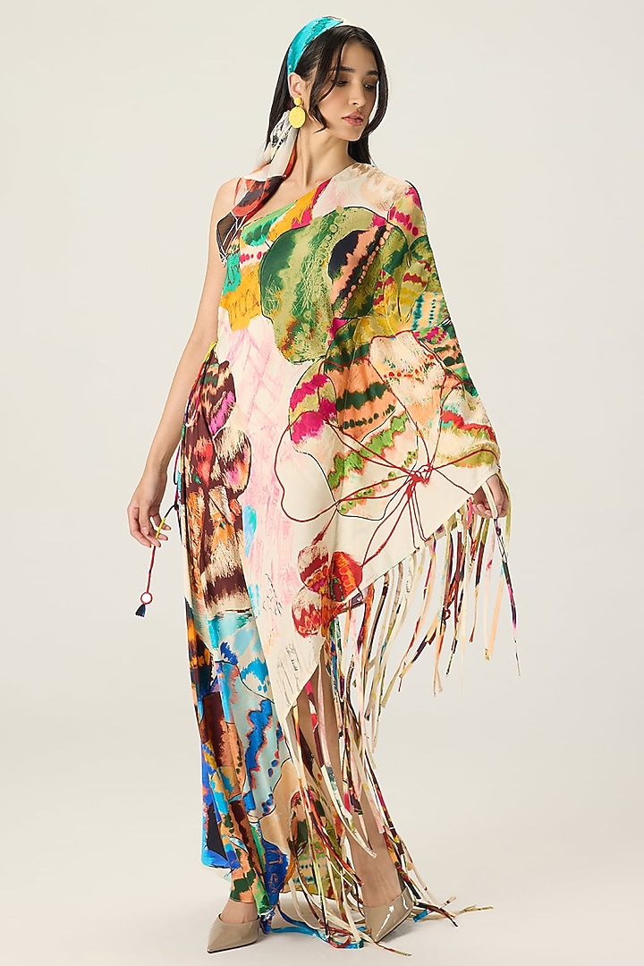 Multi-Colored Habutai Floral Printed One-Shoulder Kaftan by Saaksha & Kinni at Pernia's Pop Up Shop