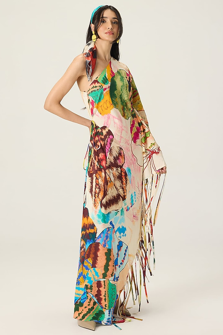 Multi-Colored Habutai Floral Printed One-Shoulder Kaftan by Saaksha & Kinni at Pernia's Pop Up Shop